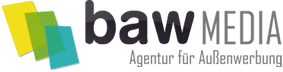 baw-media Agentur für Außenwerbung Logo mit 3 gefächerten DIN-Format Plakaten als Symbol